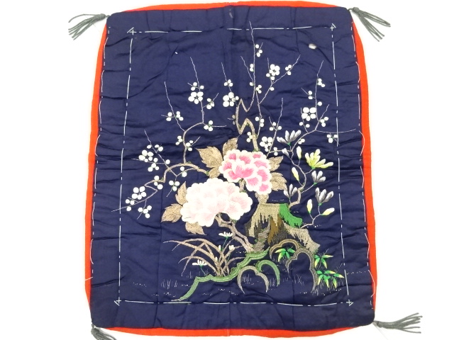 アンティーク　繻子地　牡丹梅模様刺繍袱紗